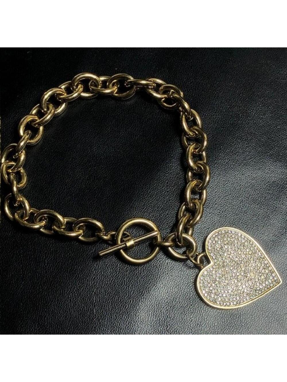 B0802 Michael Kors Heart Charm Gold Tone Chain Bracelet Pave Crystal Charm 7.5"